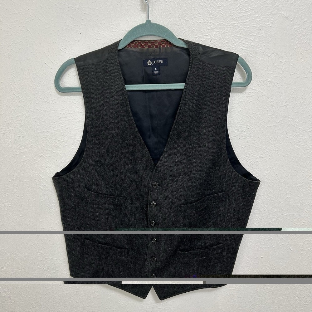 J Crew Moon Tweed Vest Waistcoat Size L Gray Black Herringbone Wool Blend Preppy